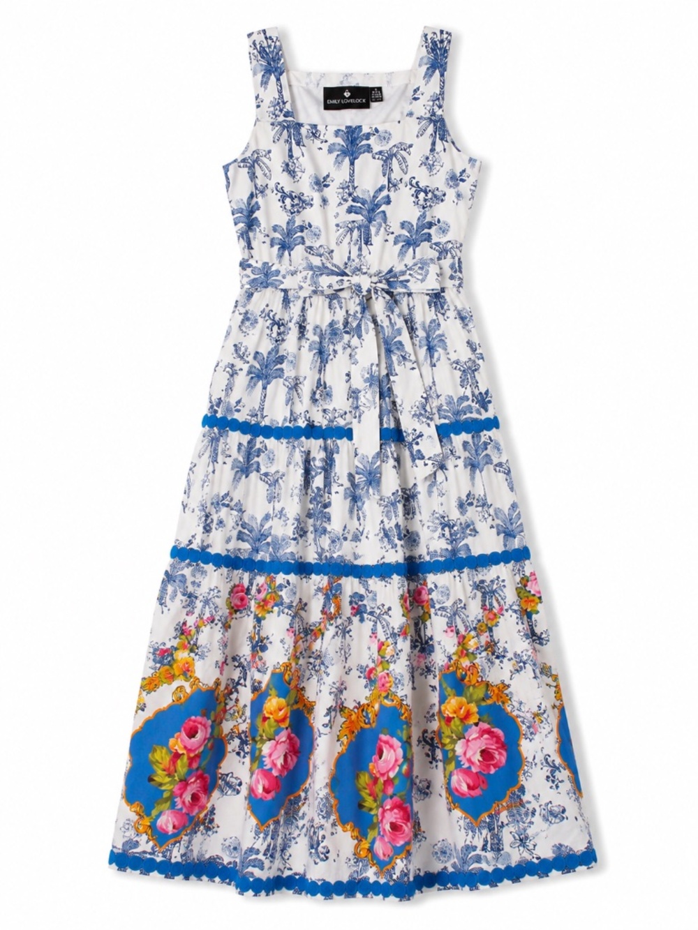 Emily Lovelock White and Blue Floral Maxi Dress sz XL 10 12 14